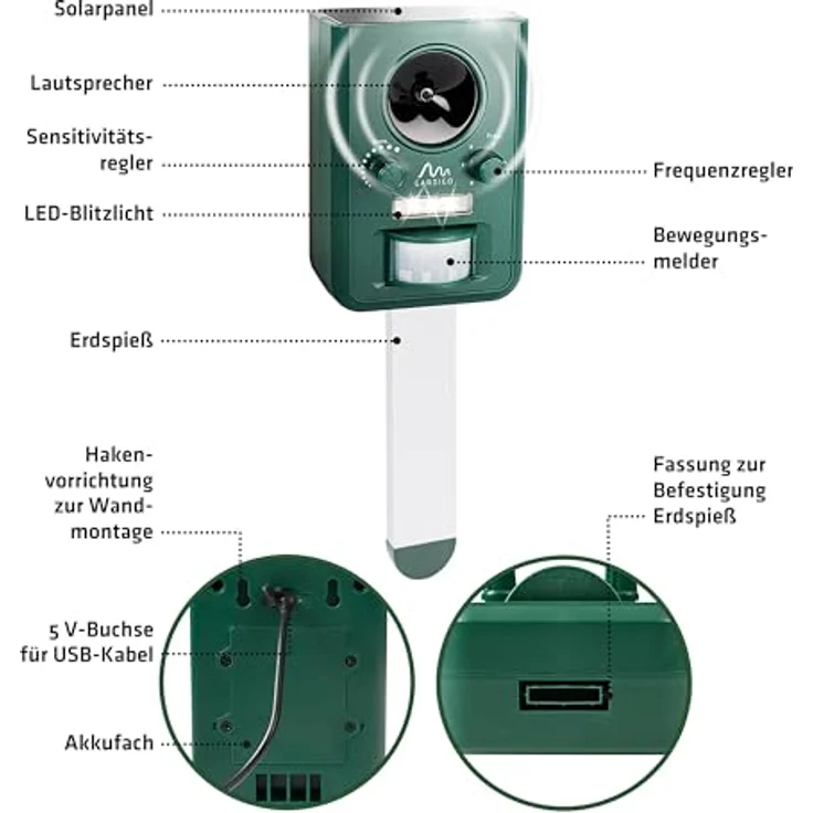 Gardigo Solar Tiervertreiber Multifrequenz, LED-Licht Wirkungsbereich 100m² 1St. – Bild 5