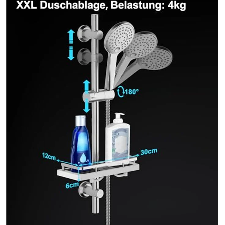 Görbach Edelstahl Duschstange mit Handbrause, Brausestangeset 70 cm Chrom, 3 Strahlarten, inkl. XXL Duschablage und Anti-Torsionsschlauch – Bild 4