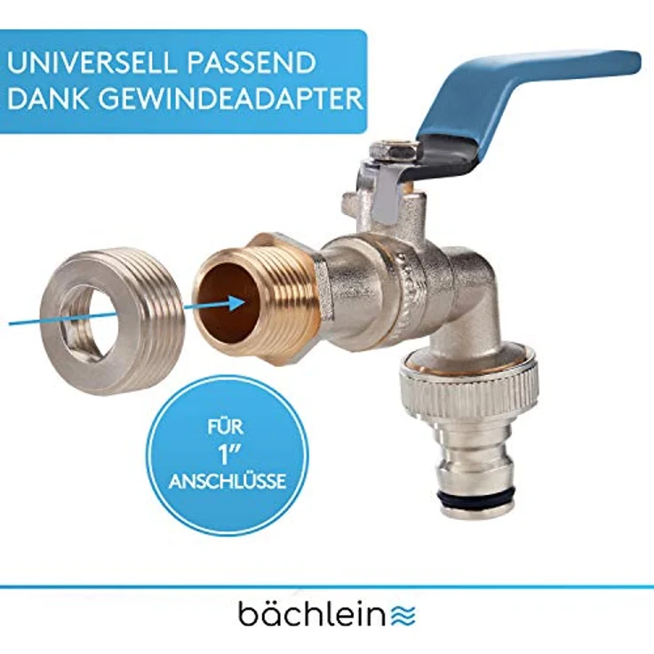 Bächlein Universal Auslaufhahn mit Reduzierungs-adapter für 1" Wandanschluss - Auslaufhahn mit 1/2 und 3/4 Zoll Anschluss - Preisvergleich – Bild 2