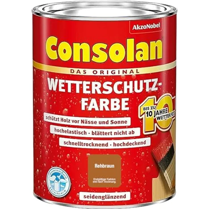 Consolan Holzschutzlasur Wetterschutz-Farbe 0,75 L, rehbraun, wasserbasiert, seidenglänzend, wetterfest bis 10 Jahre – Bild 1