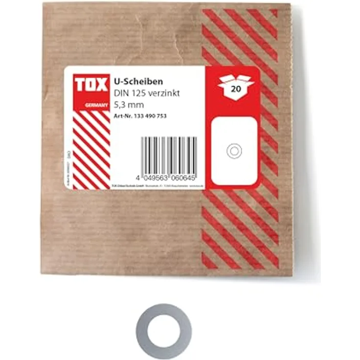 TOX Unterlegscheiben 5,3 mm, verzinkt, DIN 125, Schutz vor Beschädigungen, viele Anwendungsmöglichkeiten, 20 Stück, recycelbare Papierverpackung