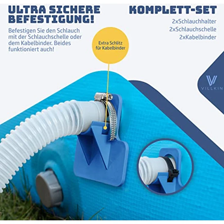 Villkin Poolschlauchhalter 2er-Set, inkl. 2x Schlauchschellen & 2x Kabelbinder, Schutz für Poolschläuche (26-38mm), kompatibel mit Intex & Bestway – Bild 6