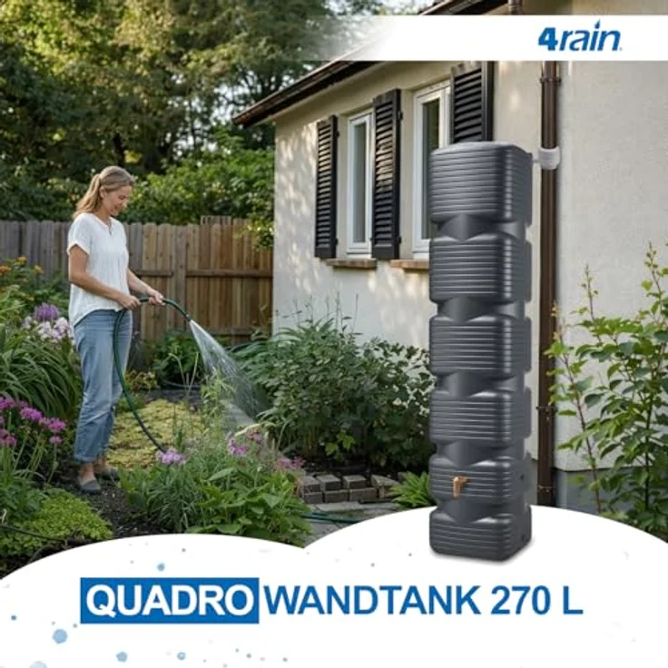 4rain Wandtank 'Quadro' graphite grey, 270 l Regenwasserspeicher mit fünf Gewindeanschlüssen und Auslaufhahn, witterungsbeständig und UV-stabil – Bild 2
