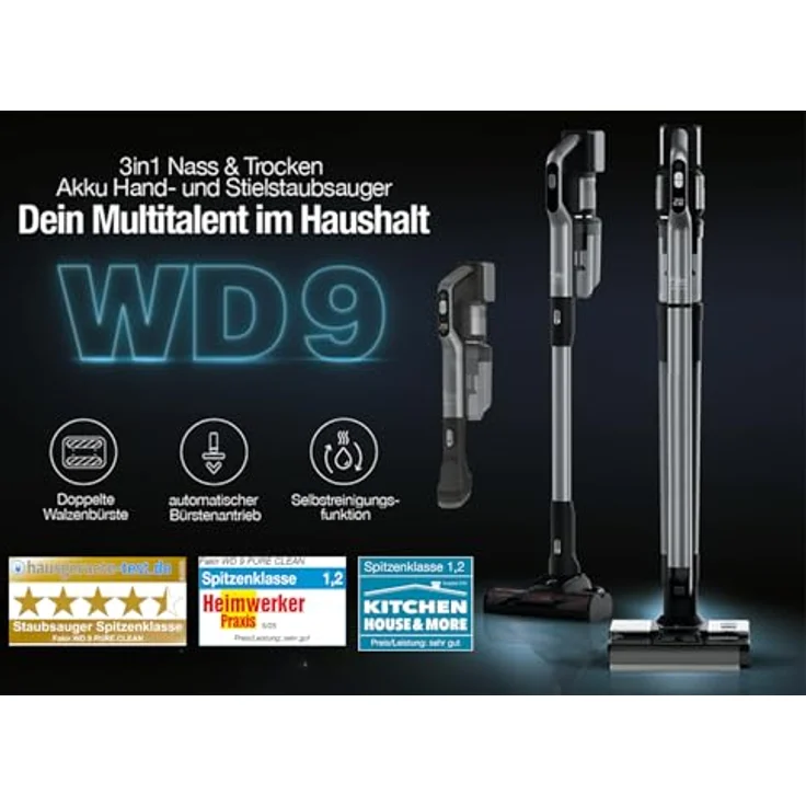 Fakir WD 9 Pure Clean 3in1, Kabelloser Nass- und Trockensauger mit 400 Watt, dualer Bürstenwalze, 180° Reichweite, Sprachausgabe und LED-Display – Bild 2