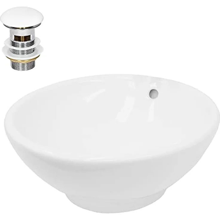ECD Germany Waschbecken Waschtisch Ø 420x170 mm Rund Keramik Weiß inkl. Ablaufgarnitur für Waschbecken mit Überlauf Aufsatzbecken Aufsatzwaschbecken Aufsatzwaschtisch Waschschale Spülbecken Becken – Bild 1