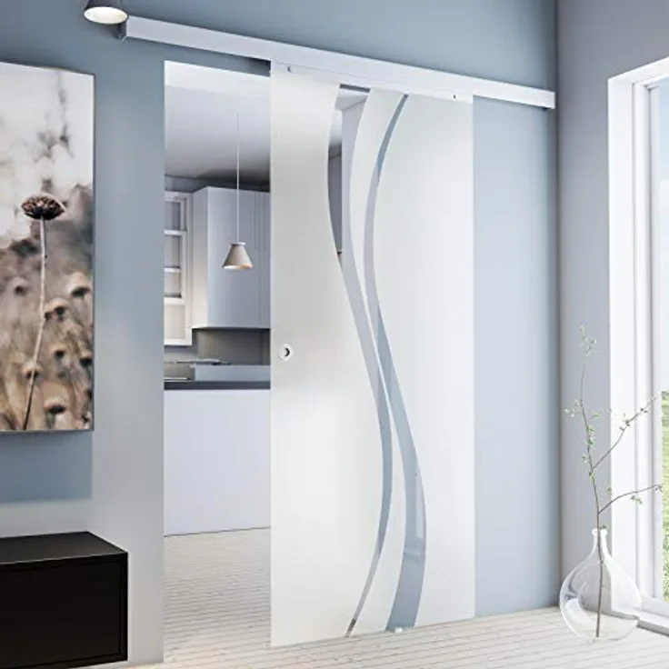 inova Glas-Schiebetür Komplettset 755 x 2035 mm wellen Design 8 mm ESG Alu Lauf-schiene mit Griffmuschel + beidseitiger Softclose