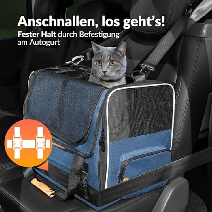Cadoca Tiertransportbox, faltbare Transporttasche für Hund und Katze, blauer Stoff, mit wendbarem Liegekissen, Reflektoren und faltbarem Trinknapf – Bild 4