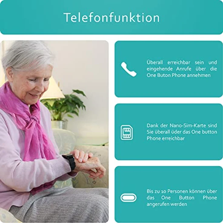 one button phone – Notrufuhr mit Ortung und Telefonfunktion, Notruf Armband für Senioren, SOS Notrufknopf, GPS Notfall Uhr, Schwarz – Bild 5