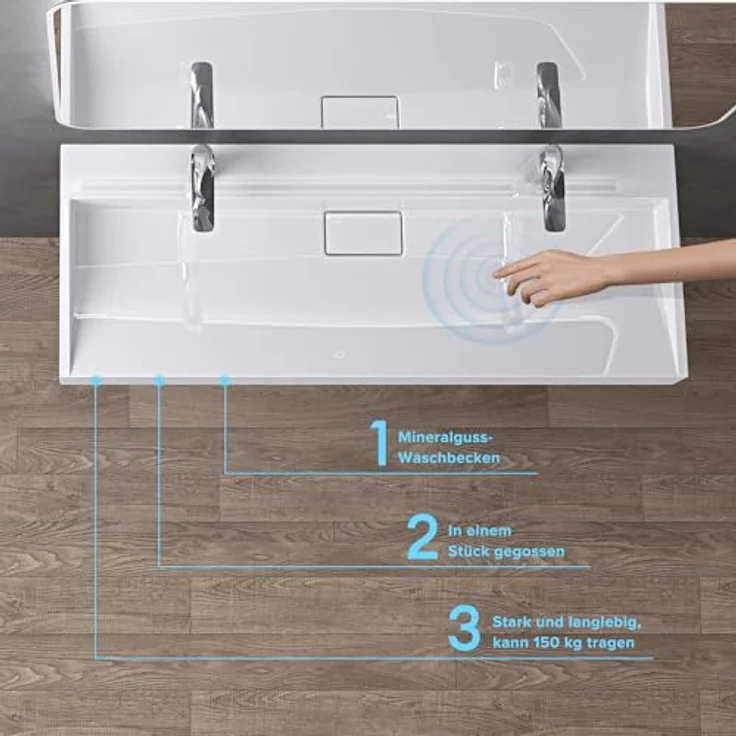 doporro Aufsatzwaschbecken Waschbecken Col19 Gussmarmor Waschtisch inkl. Ablaufgarnitur, mit Hahnlöcher, Eckiges Design, Hochwertiges Gussmarmor, Einfache Montage, Weiß – Bild 2