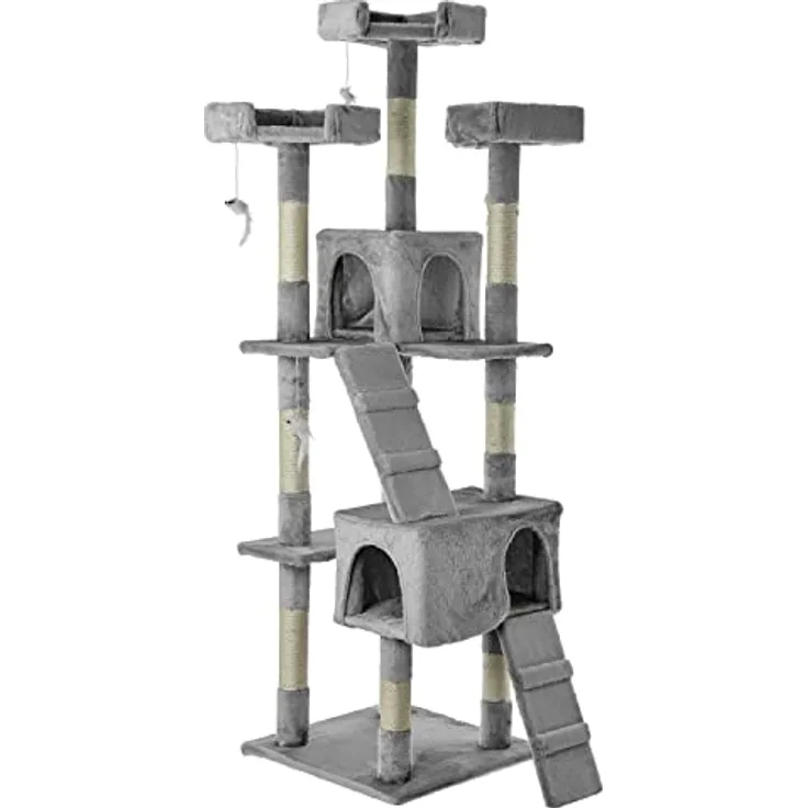 NYVI Katzen Kratzbaum Diego 170 cm groß grau - Deluxe Katzenbaum mit Katzenhöhlen, 3 Plattformen und Sisal Kratz Säule - Stabiles und Robustes XXL Katzenhaus