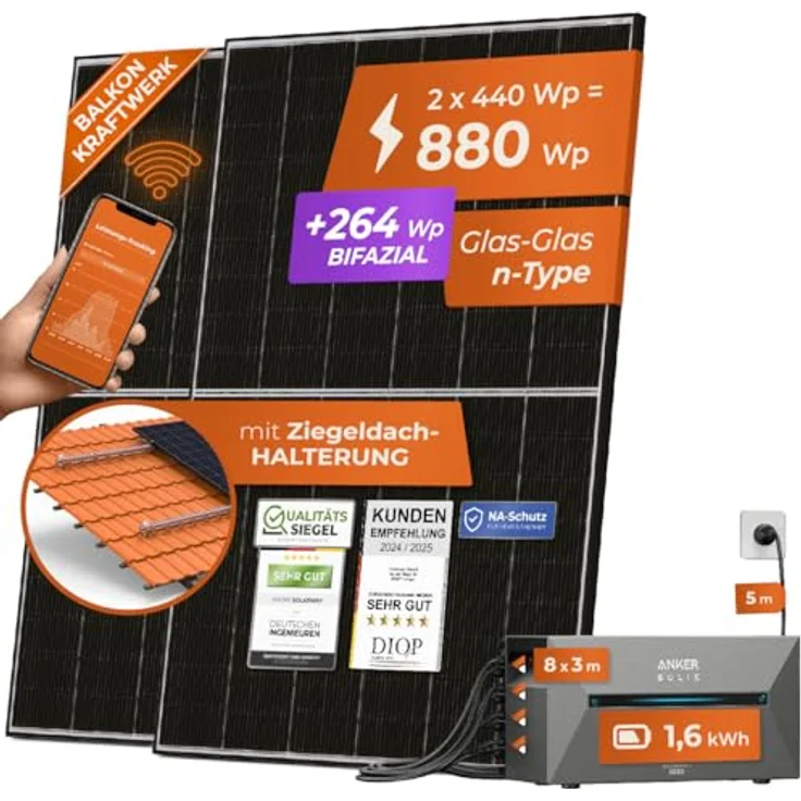 Solarway 880W Balkonkraftwerk 800W mit 1,6kWh Anker Solix Speicher - 800W Wechselrichter, 440W bifaziale Solarmodule & Envertech & Anker Speicher - Weiß – Bild 1