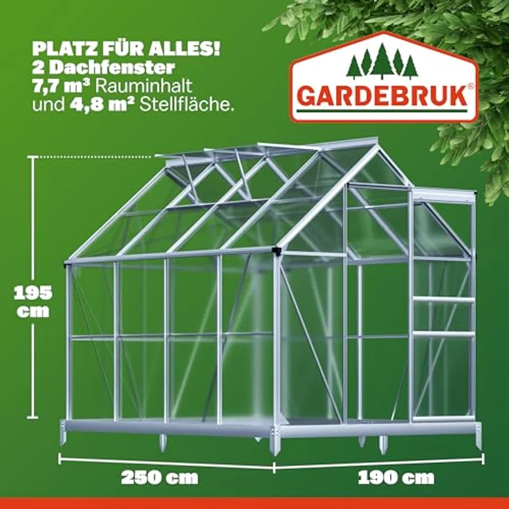 Gardebruk Gewächshaus Aluminium 4,8m² mit Fundament 250x190cm, inkl. 2 Dachfenster und stabiler Regenrinne – Bild 3