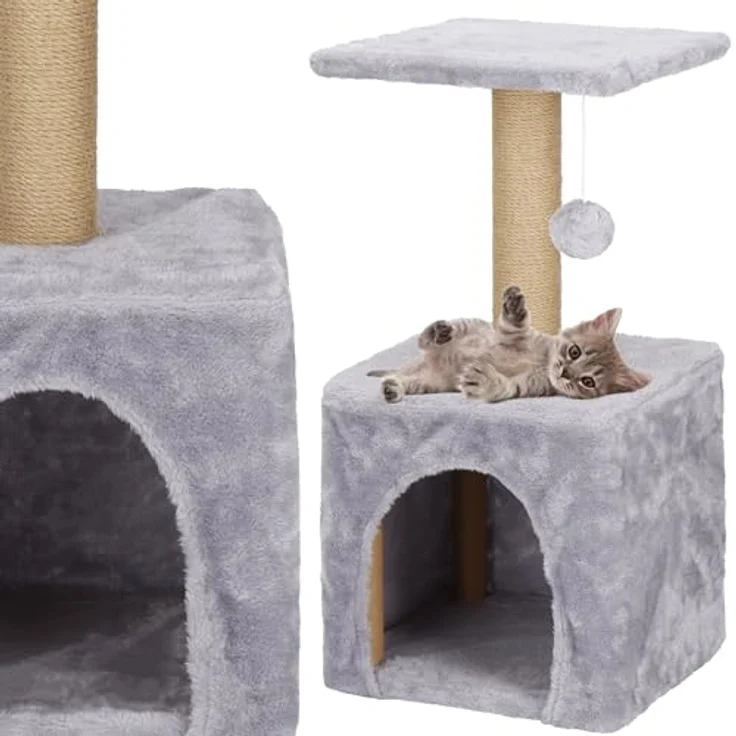 SPRINGOS Katzenkratzbaum Katzenhaus mit Spielpompon, Plattform und Sisalpfosten, 62 cm Höhe, stabil und langlebig – Bild 5