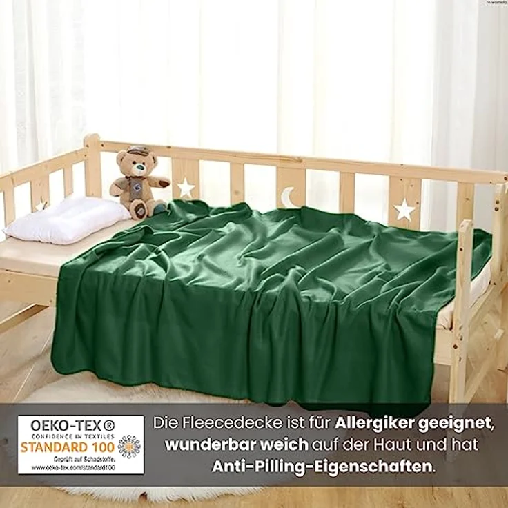 wometo 2er Set Polar Fleecedecke oekoTex 130x160 ca. 400g mit Anti-Pilling und Kettelrand dunkelgrün grün – Bild 3