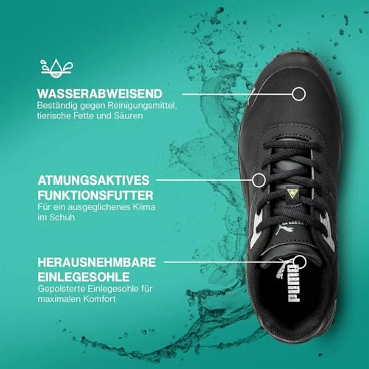 Puma S3S Bounce Black Low Sicherheitshalbschuh, mit Fiberglaskappe, wasserabweisendem Mikrofaser-Schaft und rutschhemmender GRIPPAZ® Traction-Laufsohle, Größe 41 – Bild 5