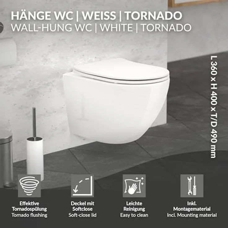 LuxeBath Wand WC Spülrandlos, Weiß, Tiefspüler Keramik Hänge WC, kurz 49 cm, Toilette ohne Spülrand mit Nano Beschichtung, Tornadospülung, Glänzende Kloschüssel Hängend mit WC-Sitz Absenkautomatik – Bild 2