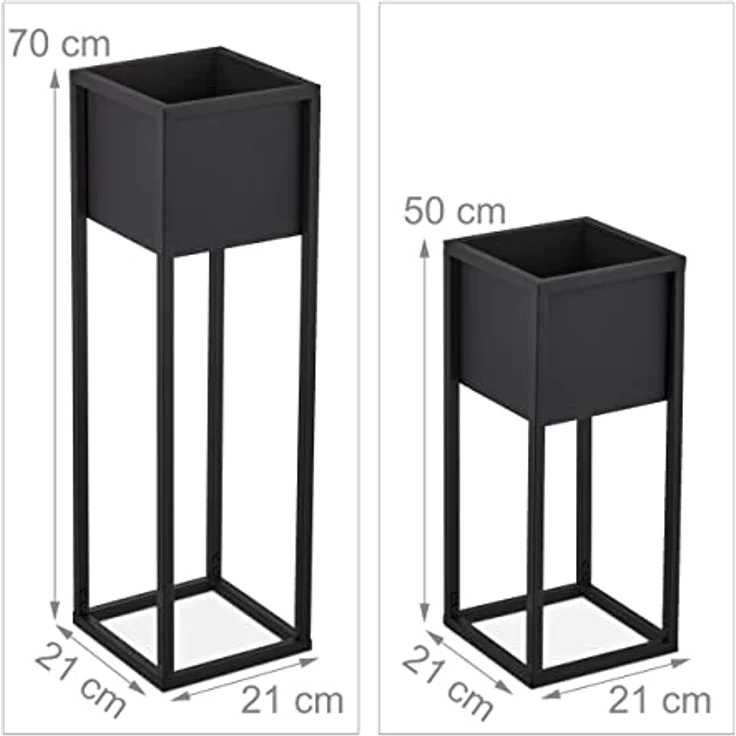 Relaxdays Blumenständer 2er Set, Metall, 2 Größen, mit Gestell, Wohnzimmer & Flur, eckiger Pflanztopfständer, schwarz – Bild 4