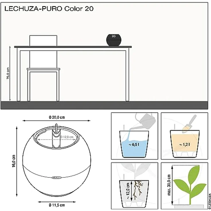 Lechuza PURO Color 20 schiefergrau 13364, Pflanzgefäß mit Bewässerungssystem, Made in Germany – Bild 4