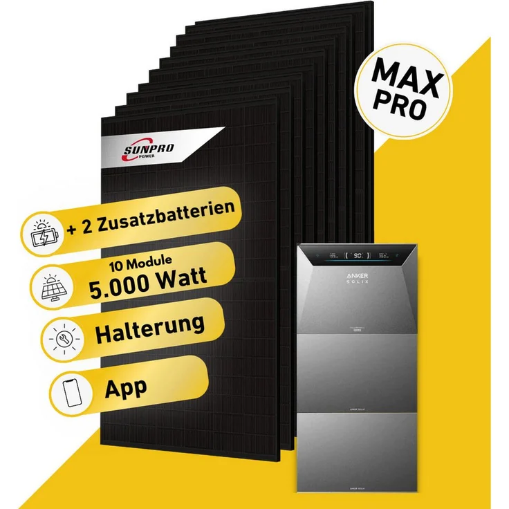 Balkonstrom Balkonkraftwerk 5000W, Komplettset mit 8x Sunpro Solarmodulen (bifazial, 500W), Anker Solix 4 Pro Speicher (5kWh), Halterung für Balkon, Garten & Fassade