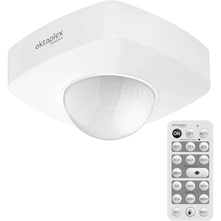 Oktaplex motion Tim Bewegungsmelder, 360 Grad PIR Sensor IP65 für außen, inkl. Fernbedienung, Erfassungsbereich bis 18 m, weiß – Bild 1