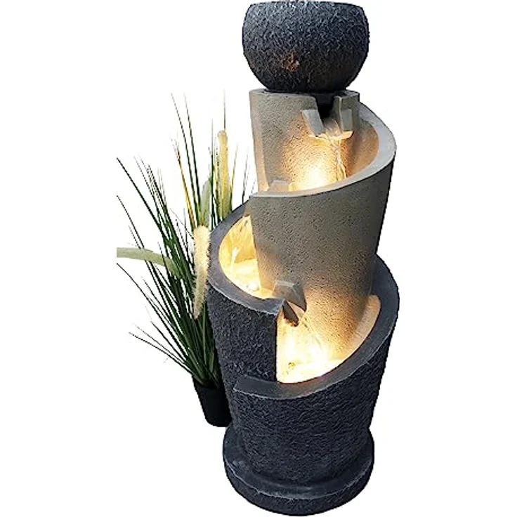 Arnusa Gartenbrunnen mit LED Beleuchtung 66 cm mit Dekobecken Springbrunnen Wasserspiel Zimmerbrunnen für Innen und Außen warmweiß, Grau, Beige – Bild 4