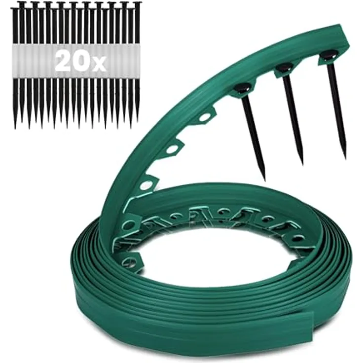 GARDENIX Flexible Rasenkante aus wetterbeständigem Recyclingkunststoff, Rasenabgrenzung 10 m, 6 cm hoch, mit 20 Erdankern, grün