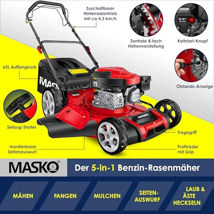 MASKO Benzin Rasenmäher 5in1 Radantrieb EasyClean Reinigungsfunktion Mulchfunktion Seitenauswurf hohe Schnittbreite 8-fache Schnitthöhenverstellung, 4 Takt Motor, inkl. Fangkorb Rot - Schwarz, Schnittbreite 51cm - Preisvergleich – Bild 5