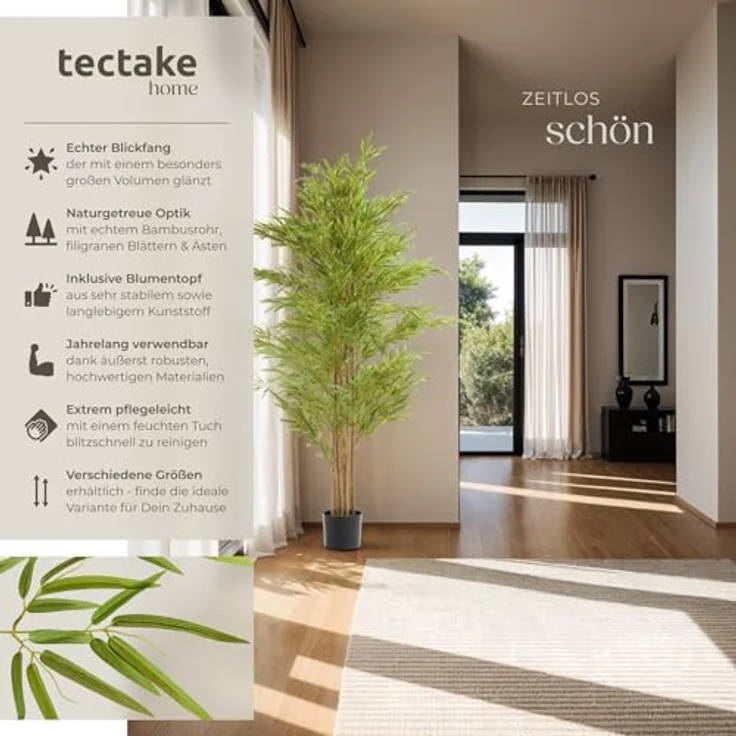 tectake® Bambus Kunstpflanze, künstlicher Pflanzenbaum mit naturgetreuer Optik, 180 cm, pflegeleicht für Wohnzimmer, Küche, Badezimmer und Schlafzimmer Deko – Bild 2