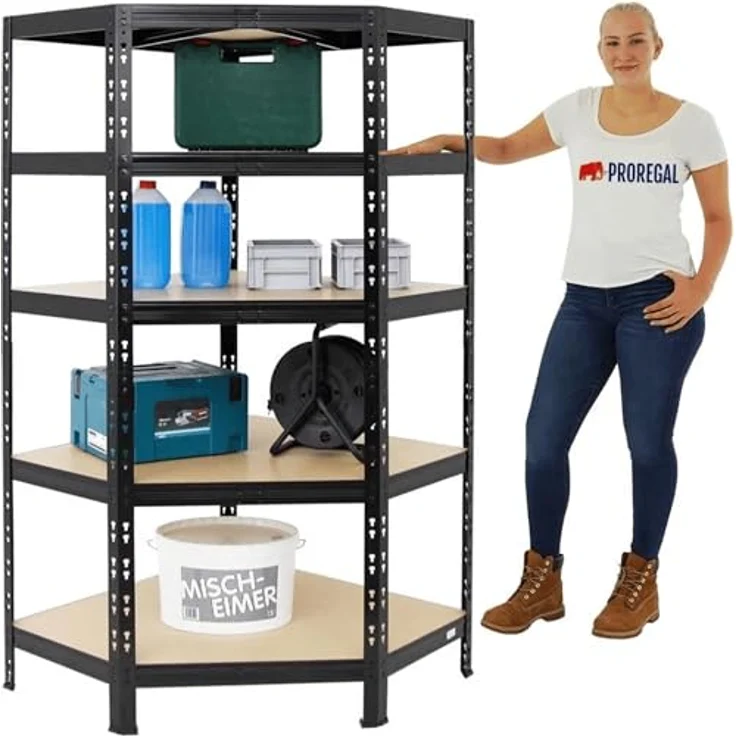 Proregal Eckregal Tiger, 5 Fachböden, Traglast 175 kg pro Boden, Schwarz, 180 x 90 x 45 cm – Bild 3