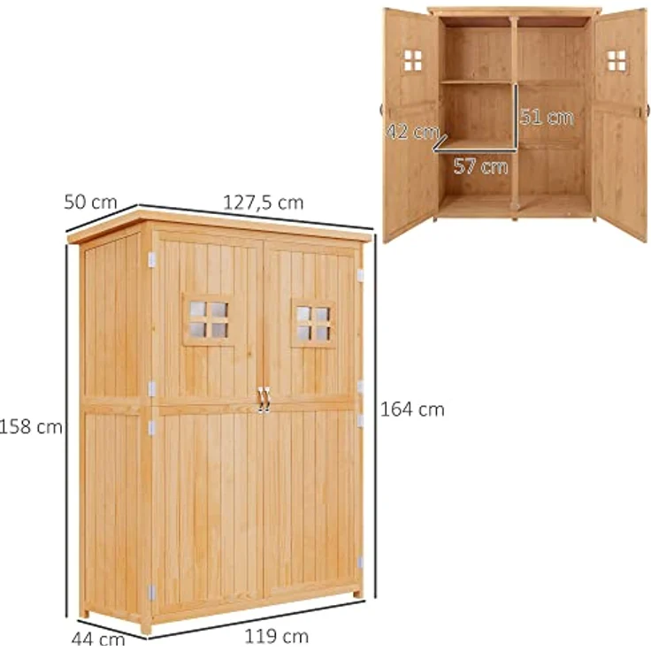Outsunny Gartenschrank Holz Geräteschuppen Gerätehaus Geräteschrank Pultdach Garten Natur 127,5x50x164cm – Bild 3