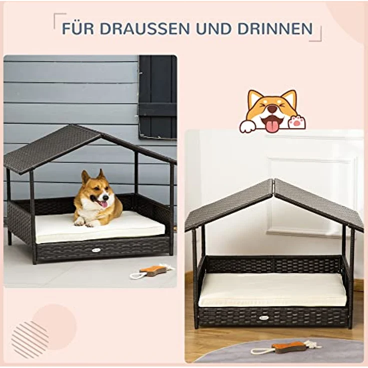 PawHut Rattan Hundehaus mit Kissen, Hundebett im Hausform, Outdoor Hundehütte, Stahlrahmen, PP, Kaffee-Braun, 69 x 98 x 70 cm – Bild 4
