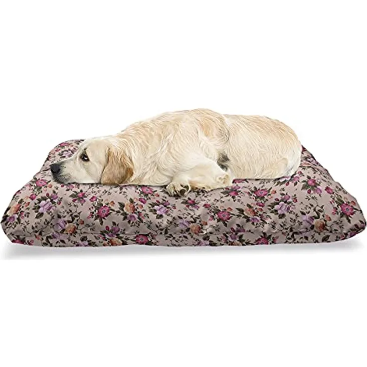 ABAKUHAUS Blume Haustierbett, Blumenmuster mit Rose, beissfestes Kissen für Hunde und Katzen mit abnehmbaren Bezug, 60 cm x 100 cm, Tan Rosa Dunkelgrün