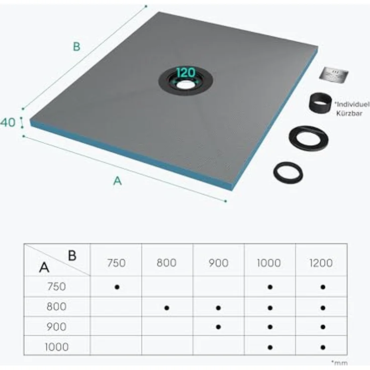Mai & Mai Duschwanne Duschboard, befliesbares Duschelement in Beton Grau, bodeneben mit Gefälleplatte und hoher Abflussrate – Bild 7
