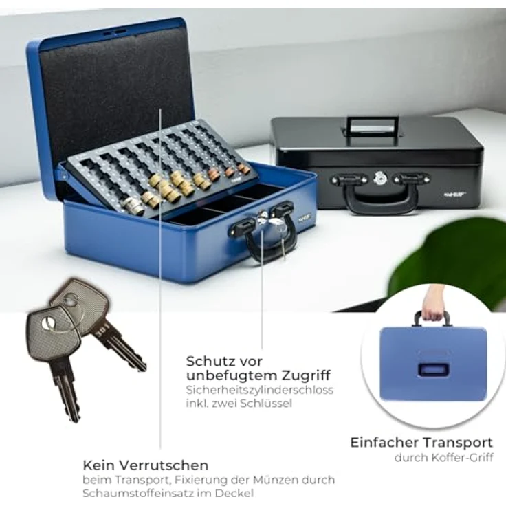 HMF 22037-05 Geldzählkassette, mit 2 Tragegriffen, herausnehmbaren Münzeinsatz und Sicherheitszylinderschloss, blau, 36 x 25 x 11 cm – Bild 4