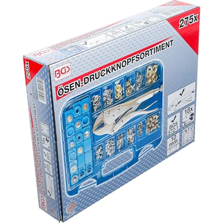 BGS TECHNIC sen-Druckknopf-Sortiment 275-tlg., inklusive Gripzange und 18 auswechselbaren Öseneindruckvorrichtungen in Kunststoff-Sichtkassette – Bild 8
