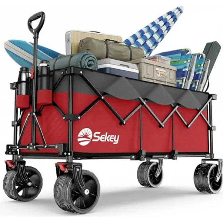 Sekey XXXL Bollerwagen Faltbar, 300L Fassungsvermögen, 200KG belastbar, 17x10 cm All-Terrain-Räder, patentierter 4-Wege-Sofortaufbau, Rot mit Grau – Bild 1