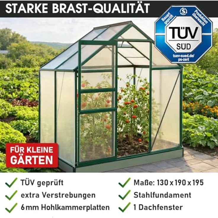 BRAST Gewächshaus Aluminium mit Fundament, 130x190x195cm, grün, 6mm Hohlkammerplatten, rostfrei, wetterfest und temperaturbeständig – Bild 8