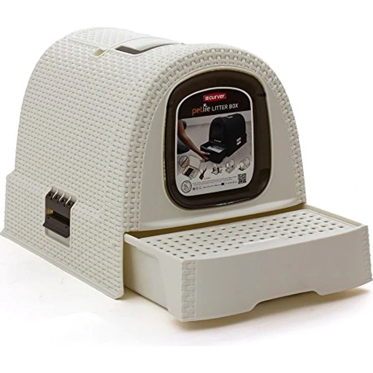 Curver petlife Katzentoilette mit Deckel, Katzenklo inklusive Schaufel, moderne Rattangeflecht-Optik, weiß, 51,5 x 38,5 x 40 cm – Bild 2