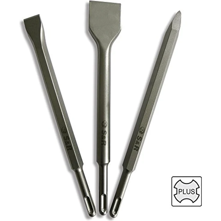 S&R Meißel-Set 3-tlg. SDS-plus, Industrie-Qualität, Spatmeißel, Flachmeißel, Spitzmeißel, hohe Standzeit, in robuster Box – Bild 3