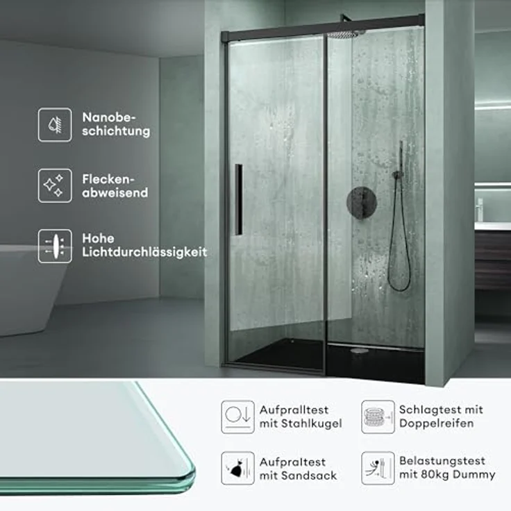 Mai & Mai Teramo12K Duschtür Nischentür 120x195cm Schwarz, Schiebetür aus 6mm ESG-Sicherheitsglas mit Soft-Close-Mechanismus und NANO-Beschichtung – Bild 3