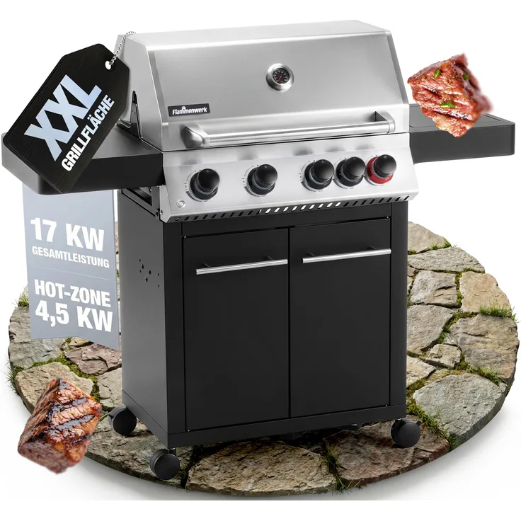 NTG Gasgrill FWGG.1354, 4 + 1 Brenner mit 17 kW Gesamtleistung, LED-Beleuchtung, Seitenkochfeld & Piezo-Zündung, Gusseisen-Grillrost, Edelstahl-BBQ Grillwagen