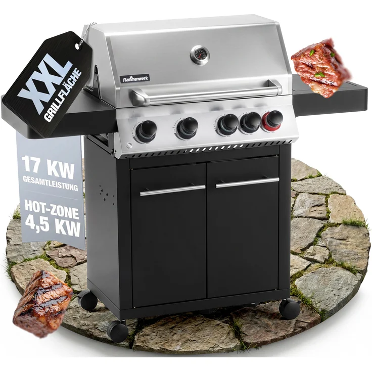 NTG Gasgrill FWGG.1354, 4 + 1 Brenner mit 17 kW Gesamtleistung, LED-Beleuchtung, Seitenkochfeld & Piezo-Zündung, Gusseisen-Grillrost, Edelstahl-BBQ Grillwagen