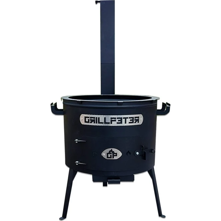 Grillpeter Holzkohlegrill Utschak Asamat mit Abzugsrohr D45 cm Feuerofen für Kasan 12-22 L, Stahl 1,5 mm feuerfest lackiert, autark, schwarz – Bild 1