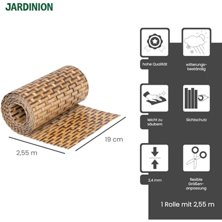 Jardinion Sichtschutzstreifen Rattan Optik, 250 x 19 cm, hellbraun, blickdicht und witterungsbeständig für Balkon und Gartenzaun – Bild 2