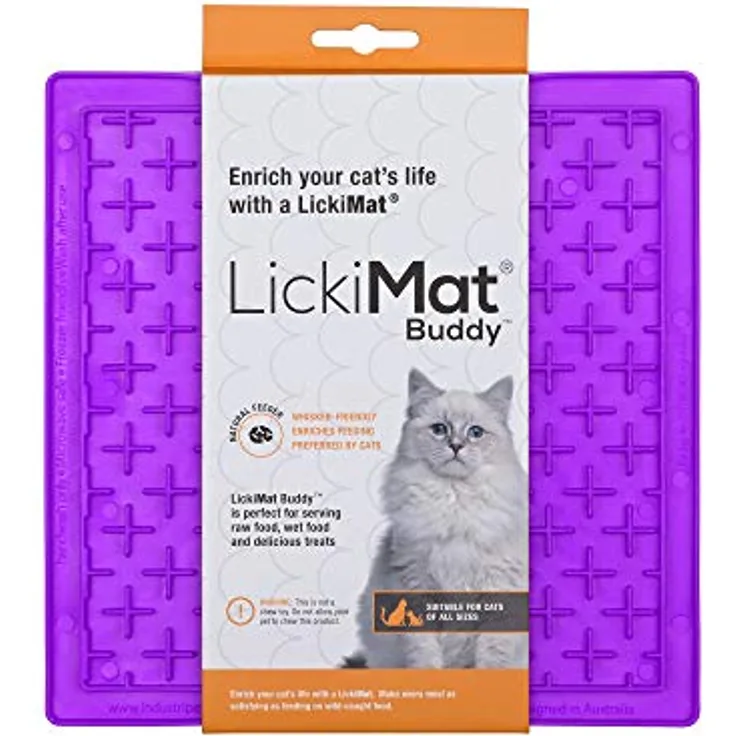 Lickimat Classic Buddy Katzenfutterstation für langsame Katzen gegen Langeweile und Angstreduzierung, perfekt für Futter, Leckerlis, Joghurt oder Erdnussbutter. Lustige Alternative zu einem Slow Feed Katzennapf oder -schale, Violett