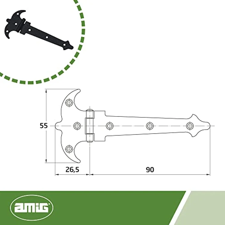 Amig - Zweiflügeliges Scharnier Mod. 551, Stahlscharnier in Schmiedeausführung, für glatte Drehtüren im Innen- und Außenbereich oder für Schränke - 90 x 55 x 1,5 mm, Schwarz – Bild 5