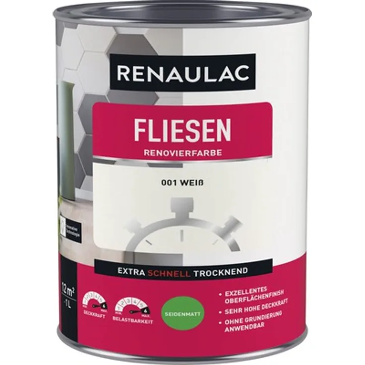 RENAULAC Fliesenlack Weiß Seidenmatt 1 L – Renovierfarbe für Keramik & Porzellan, abriebfest, wasserbasiert, für Innenräume