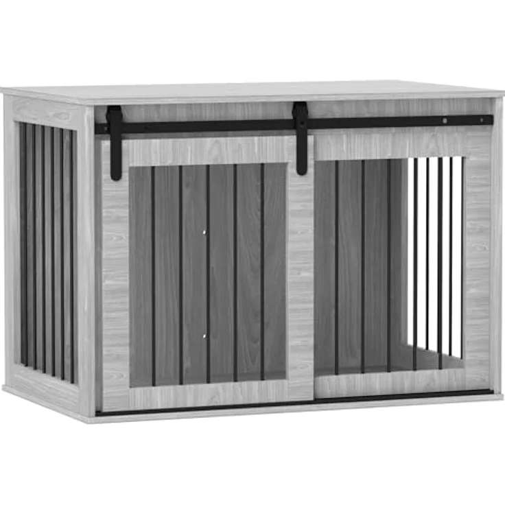 PawHut Hundekäfig für Zuhause, Abschließbar Hundehütte mit Eingang, Hundebox mit Schiebetür, Hundehaus für große Hunde unter 30 kg, Grau, 98 x 58 x 61 cm – Bild 1