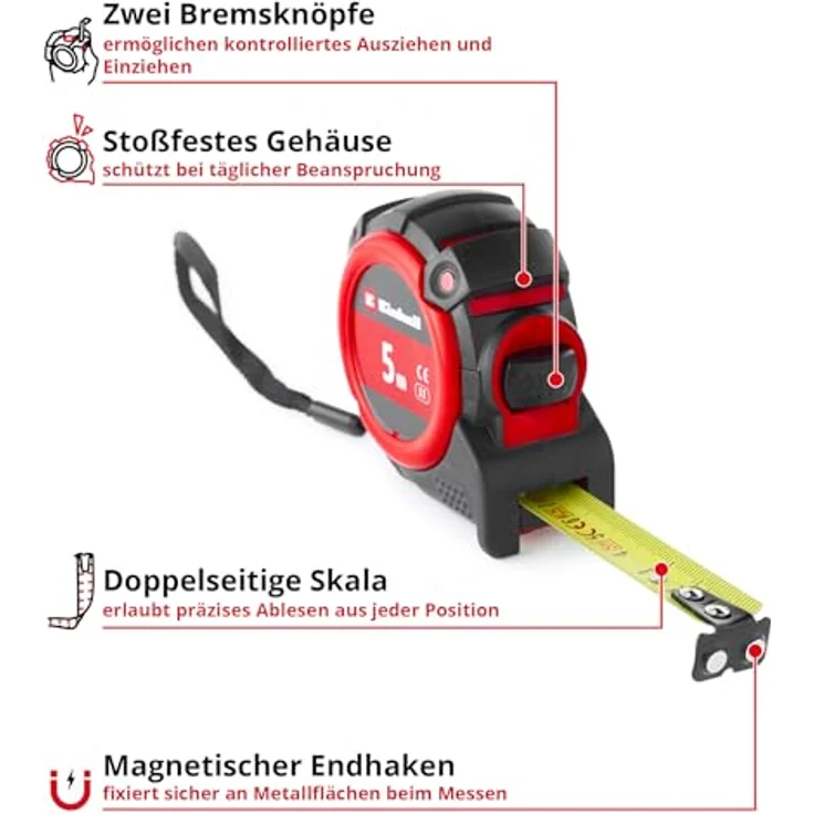 Einhell Bandmaß 5 m, Autolock mit Nylonbeschichtung, Magnet-Endhaken, doppelseitiger Skalierung, stoßfestem Gehäuse, für vielseitigen Einsatz – Bild 2