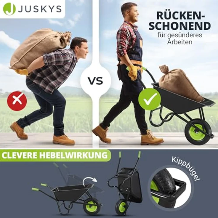 Juskys Schubkarre Garden, 100L, bis 210 kg, Luftreifen, verzinkte Wanne, inkl. Handschuhe, Schwarz/Grün – Bild 3